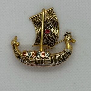 Vintage Damascene Ship Boat Brooch Pin Signed SPAIN Gold Tone Black and Red